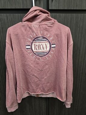 Roxy Full Zip Hoodie Women's XL Pink Raw Hem Graphic Sweatshirt Good Vibes